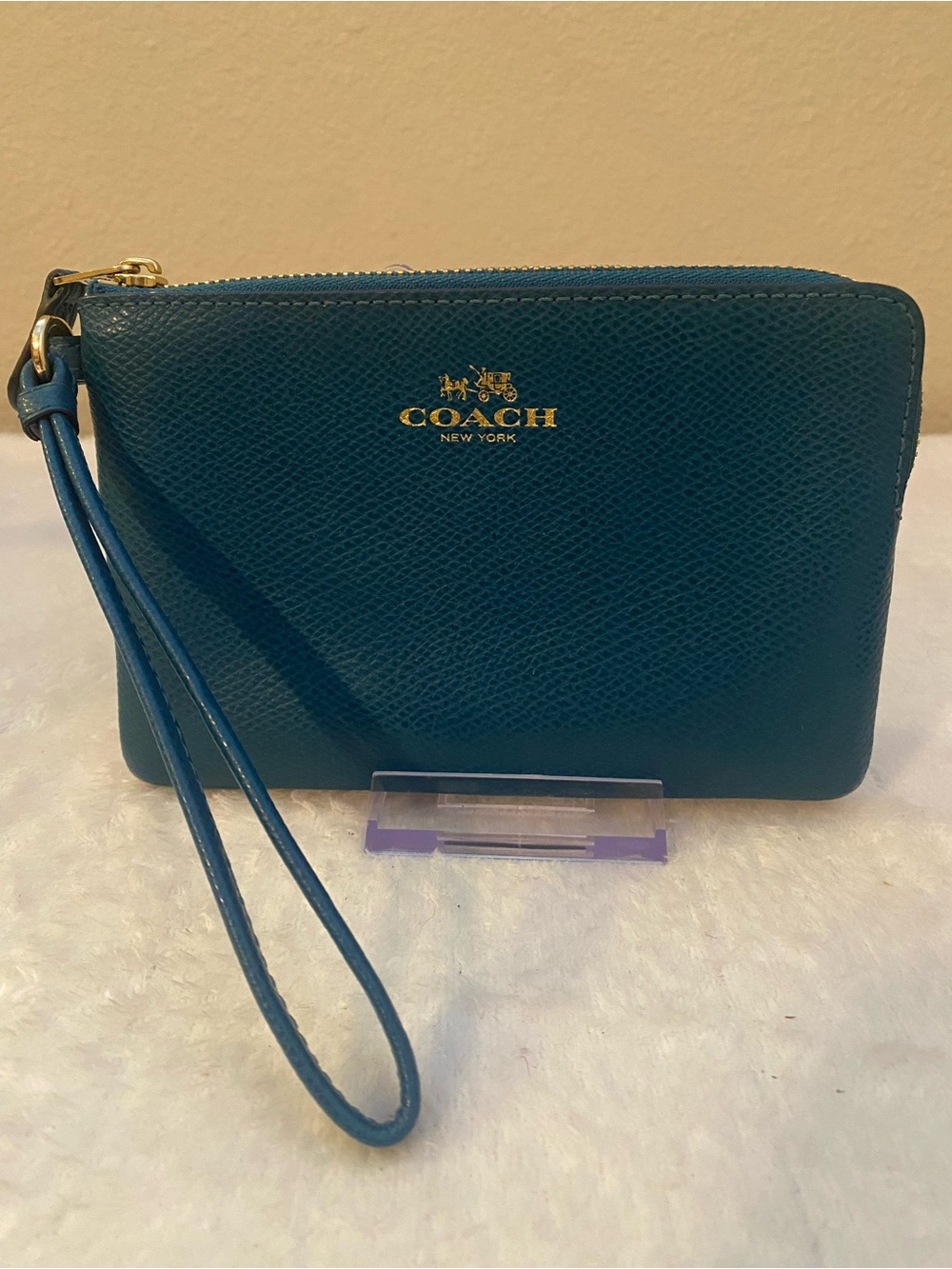 Coach Teal Leather Wristlet with Gold Logo